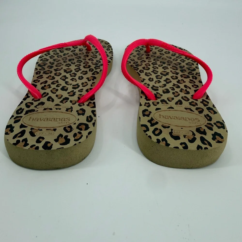 Havaianas Slim Leopard Flip Flops Neon Pink Straps Animal Print Womens Size 6
